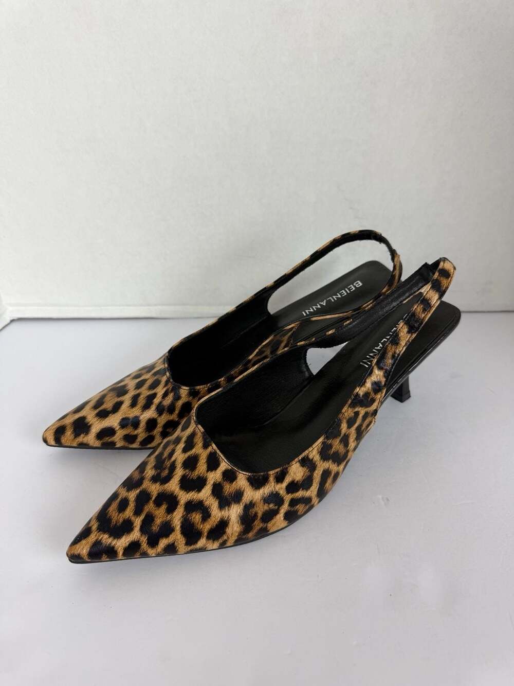 BEIENLANNI Leopard Slingback Kitten Heel Pumps Pointed Toe